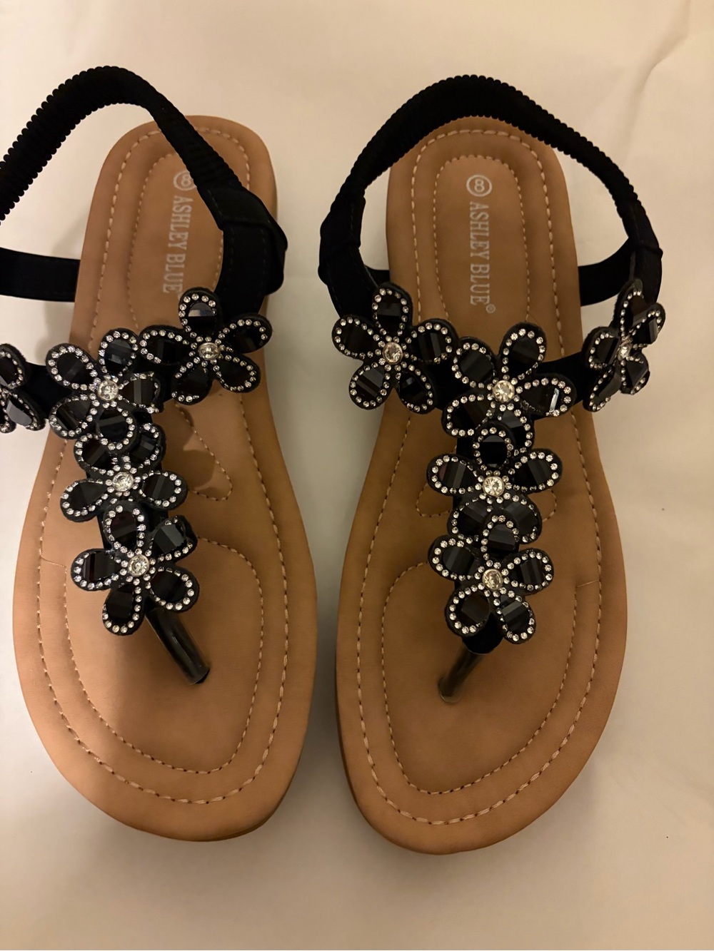 Ashley Blue Black Floral Rhinestone T-Strap Sandals